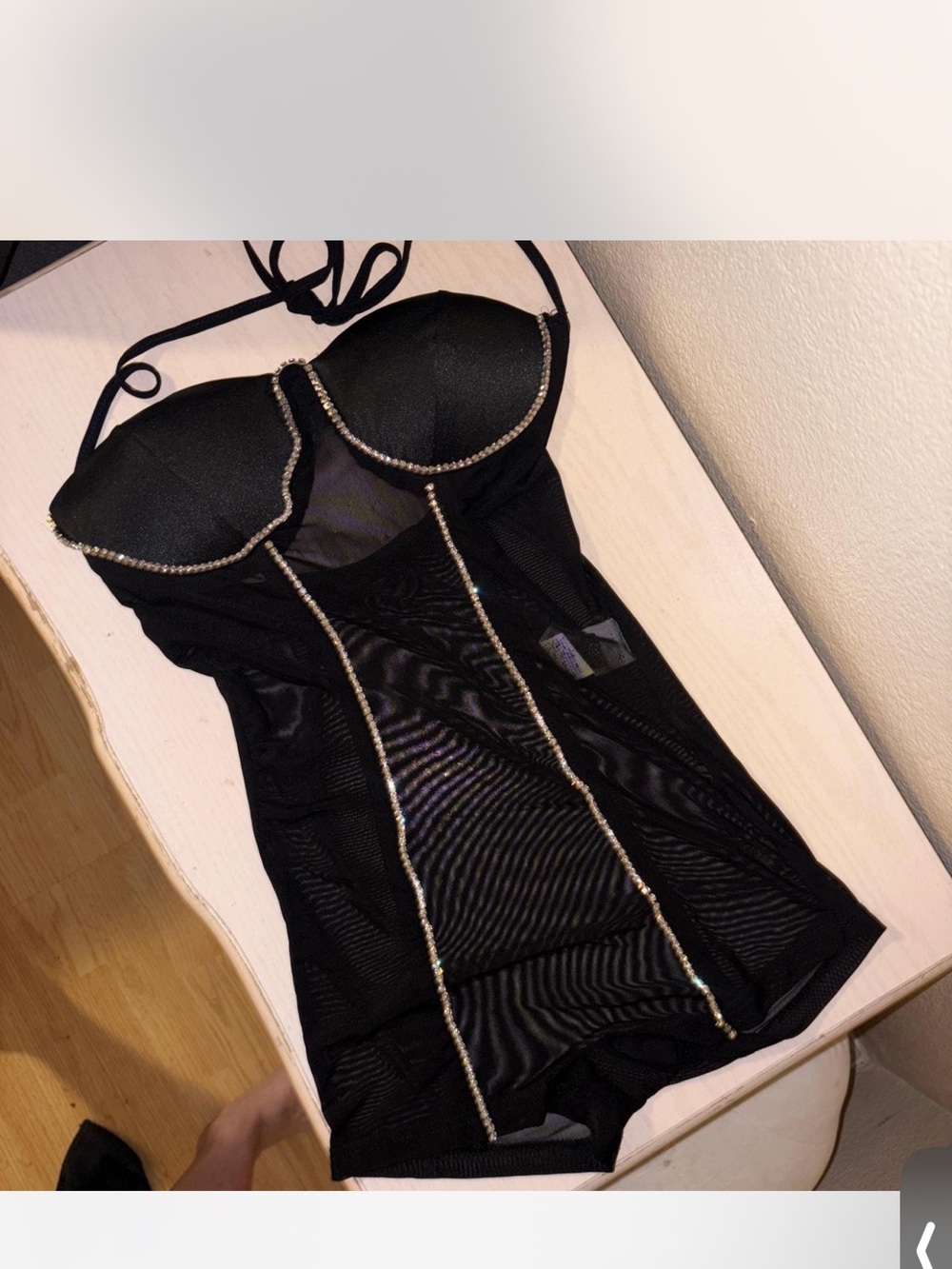 Black Halter Romper with Rhinestone Trim